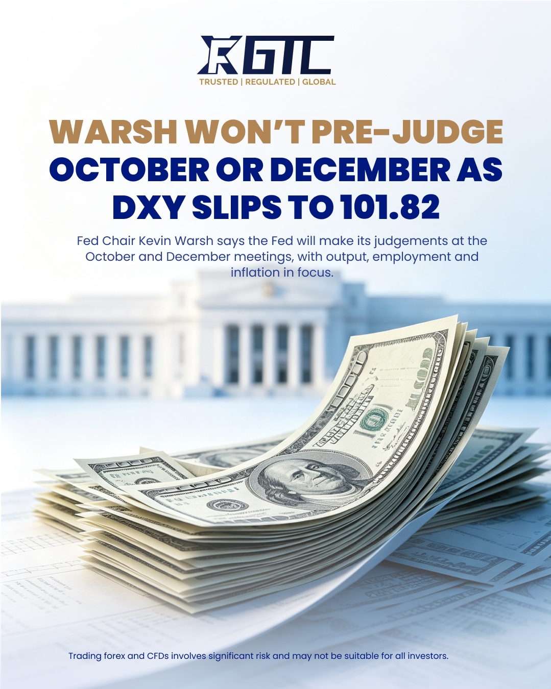 WARSH WON’T PRE-JUDGE OCTOBER OR DECEMBER AS DXY SLIPS TO 101.82