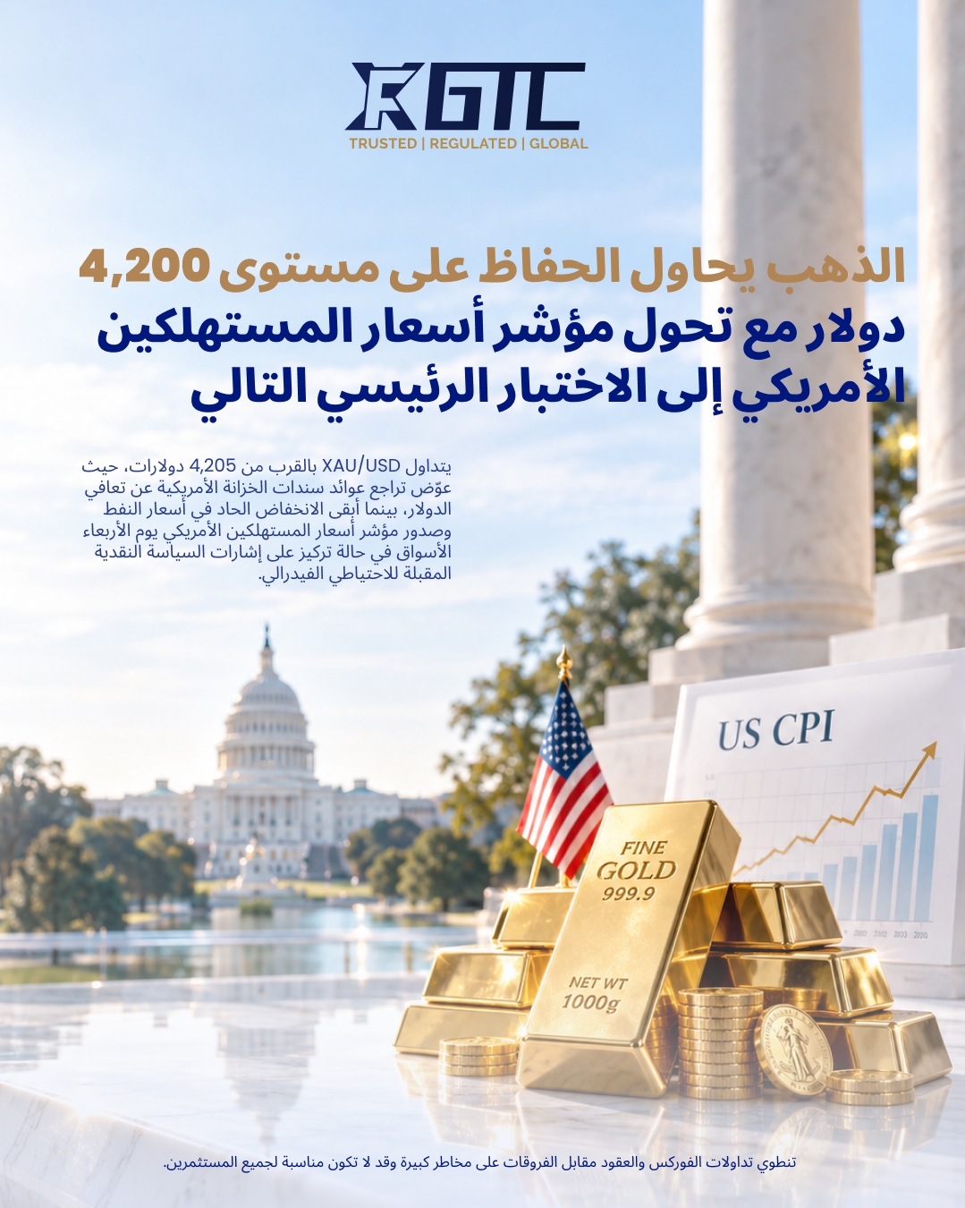 الذهب يحاول الاستقرار عند 4200 دولار مع اقتراب اختبار مؤشر أسعار المستهلكين الأمريكي الحاسم