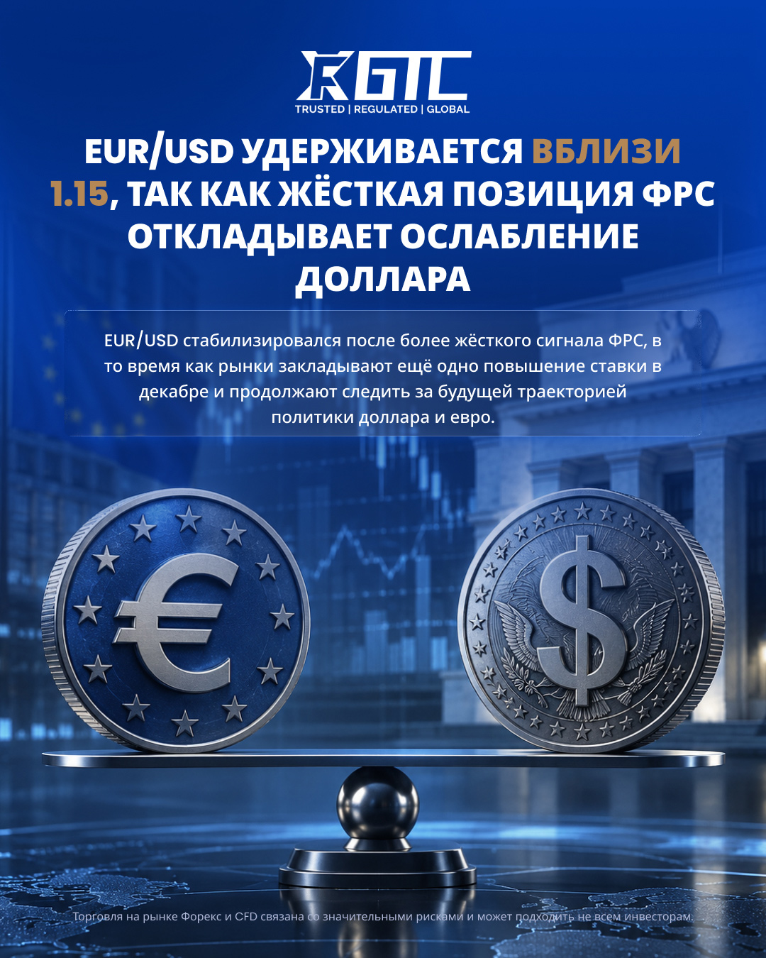 EUR/USD УДЕРЖИВАЕТСЯ ВБЛИЗИ 1,15, ПОКА «ЯСТРЕБИНАЯ» ФЕД ОТКЛАДЫВАЕТ ОСЛАБЛЕНИЕ ДОЛЛАРА