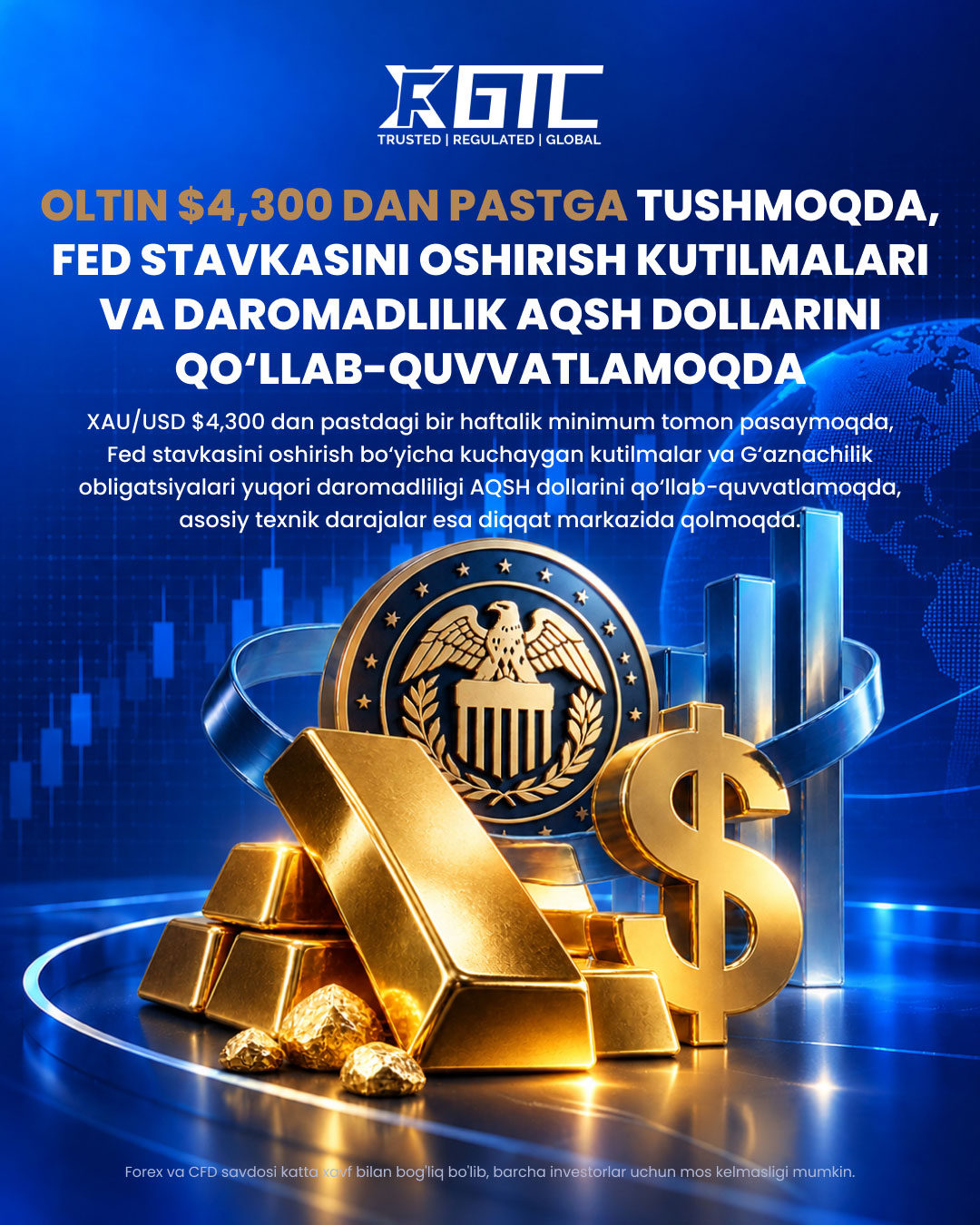OLTIN FEDNING FOIZ OSHIRISHI KUTILAYOTGANI VA DAVLAT ZAYOMLARI DAROMADLILIGI USDNI QO'LLAB-QUVVATLASHI NATIJASIDA 4 300 DOLLARDAN PASTGA TUSHDI