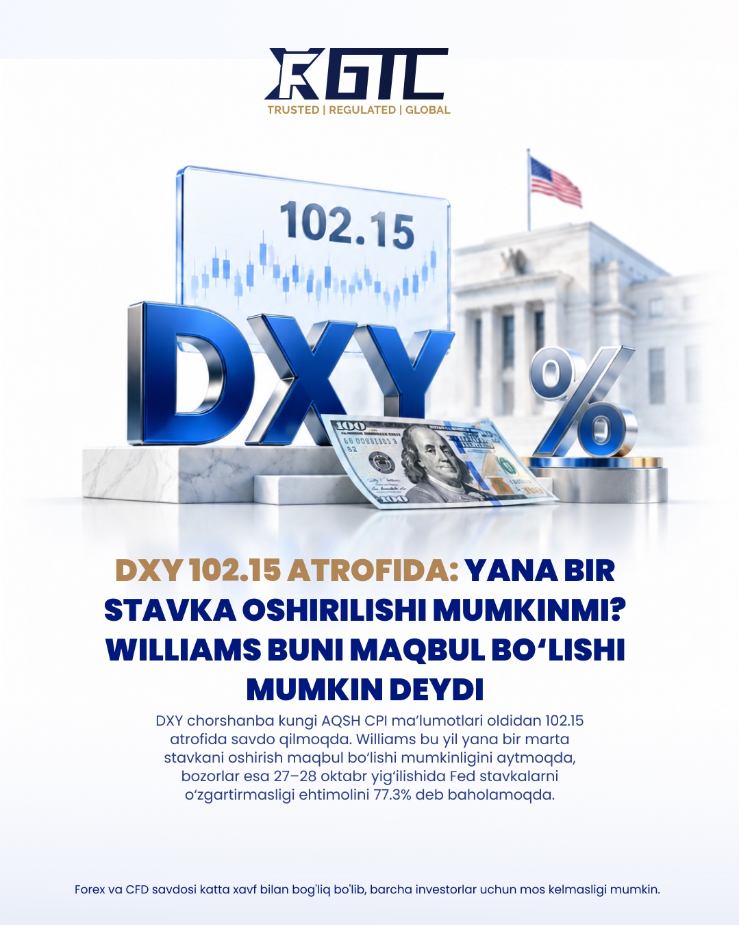 DXY 102.15 YAQINIDA: BIR OSHIRISH YANA BO'LADIMI? UILYAMS BU MUNOSIB BO'LISHI MUMKIN DEYDI
