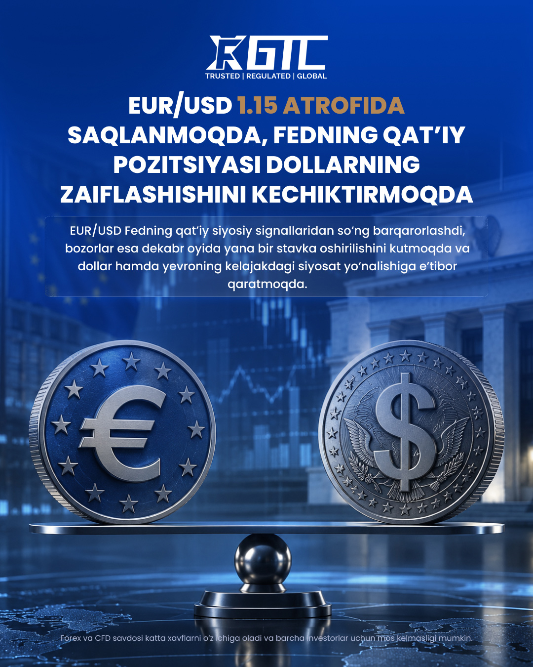 EUR/USD QAT'IY FED DOLLAR ZAIFLIGINI KECHIKTIRGANI SABABLI 1.15 ATROFIDA SAQLANMOQDA