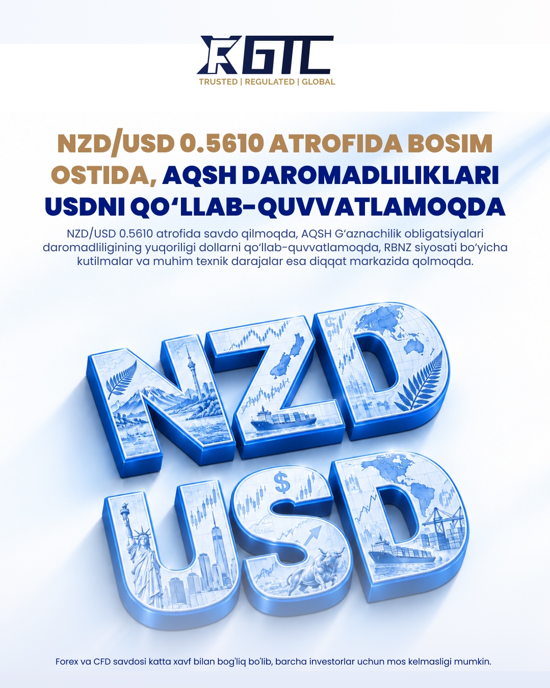 NZD/USD AMERIKALIK DAROMADLAR DOLLARGA KUCHAYTIRISH SHAROITIDA 0.5610 YAQINIDA BOSIM OSTIDA