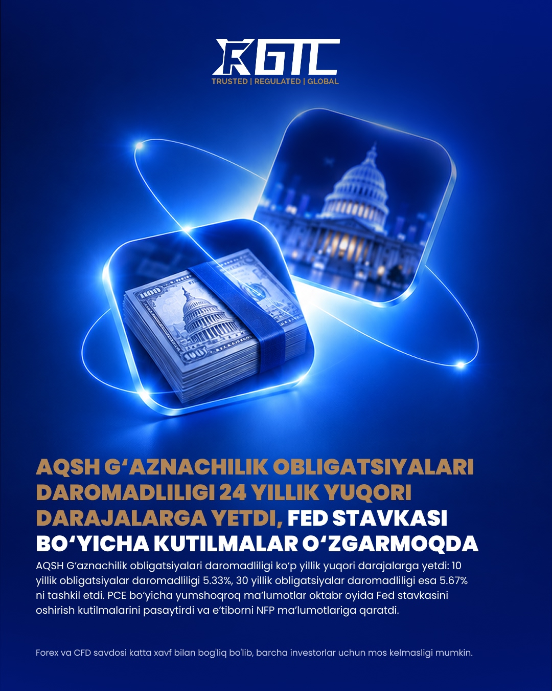 AQSH XAZINA OBLIGATSIYALARI DAROMADLILIGI 24 YILLIK ENG YUQORI DARAJAGA CHIQDI — FED STAVKASI BO'YICHA KUTILMALAR O'ZGARDI