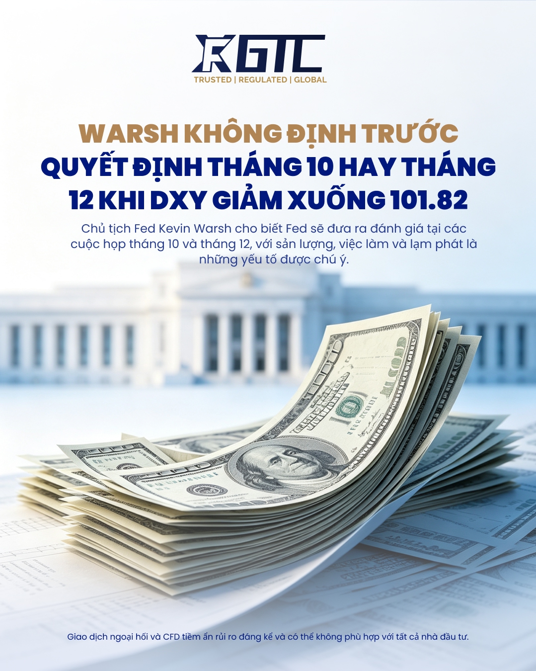 WARSH KHÔNG PHÁN ĐOÁN TRƯỚC THÁNG 10 HAY THÁNG 12 KHI CHỈ SỐ DXY GIẢM XUỐNG 101.82